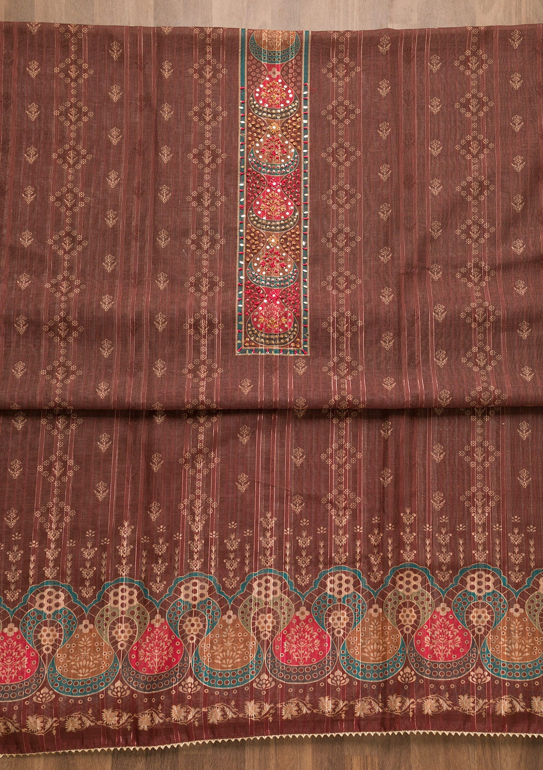 Brown Threadwork Chanderi Unstitched Salwar Suit-Koskii