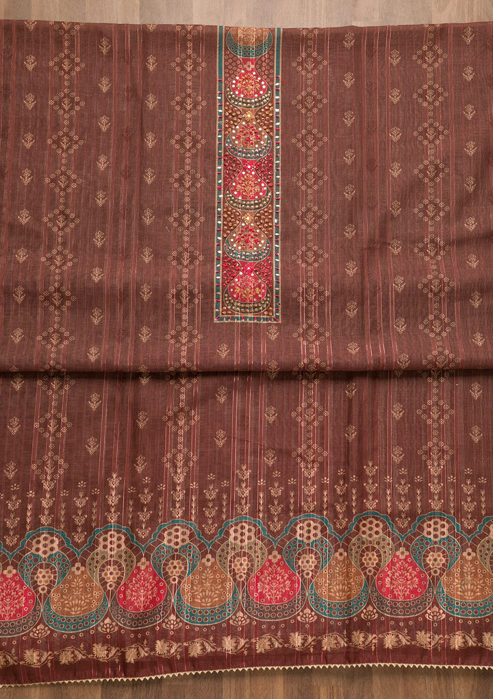 Brown Threadwork Chanderi Unstitched Salwar Suit-Koskii