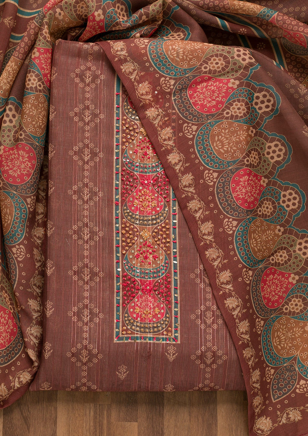 Brown Threadwork Chanderi Unstitched Salwar Suit-Koskii
