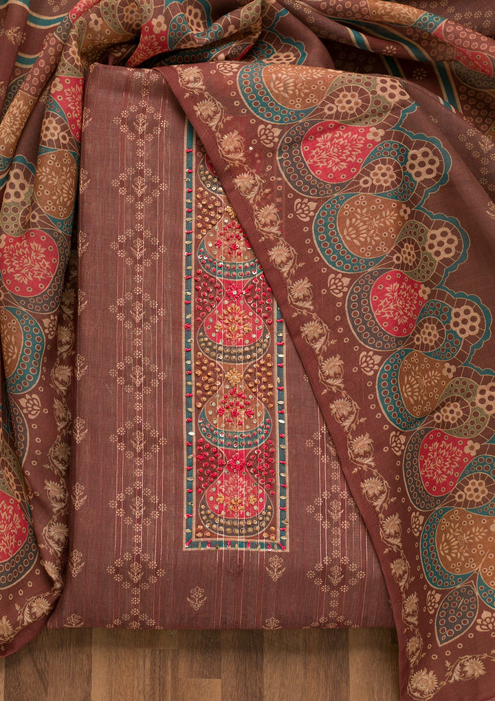 Brown Threadwork Chanderi Unstitched Salwar Suit-Koskii