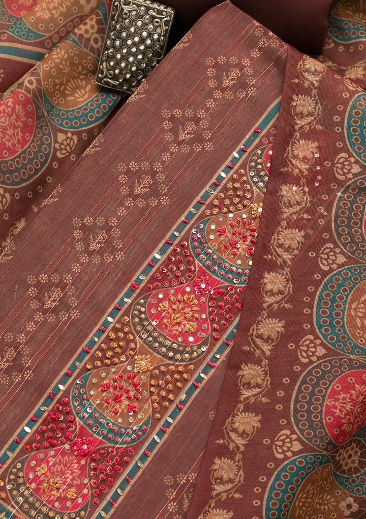 Brown Threadwork Chanderi Unstitched Salwar Suit-Koskii
