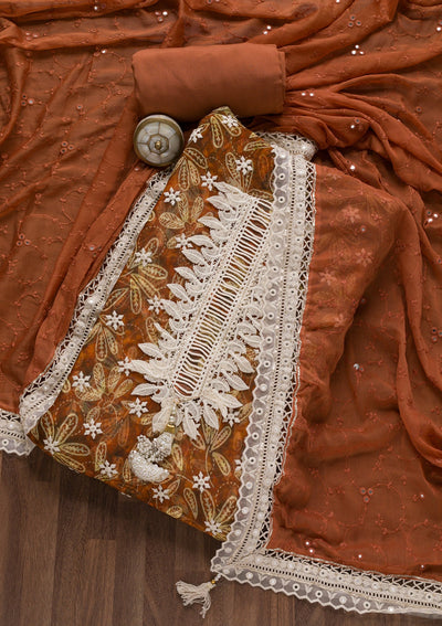 Brown Threadwork Georgette Unstitched Salwar Suit-Koskii