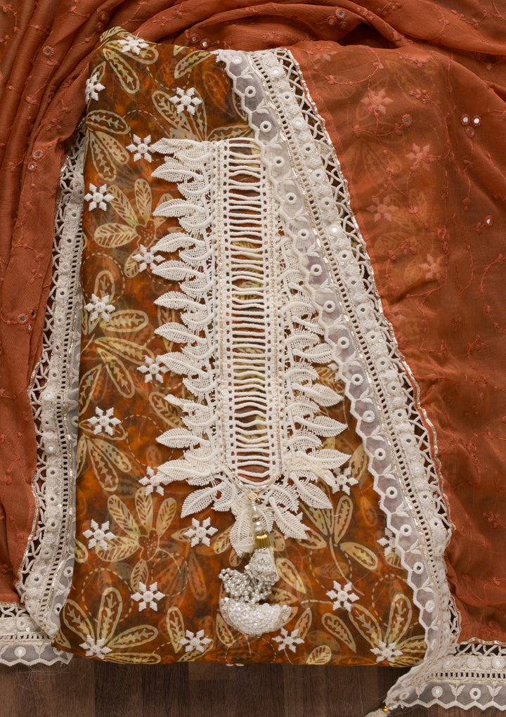 Brown Threadwork Georgette Unstitched Salwar Suit-Koskii