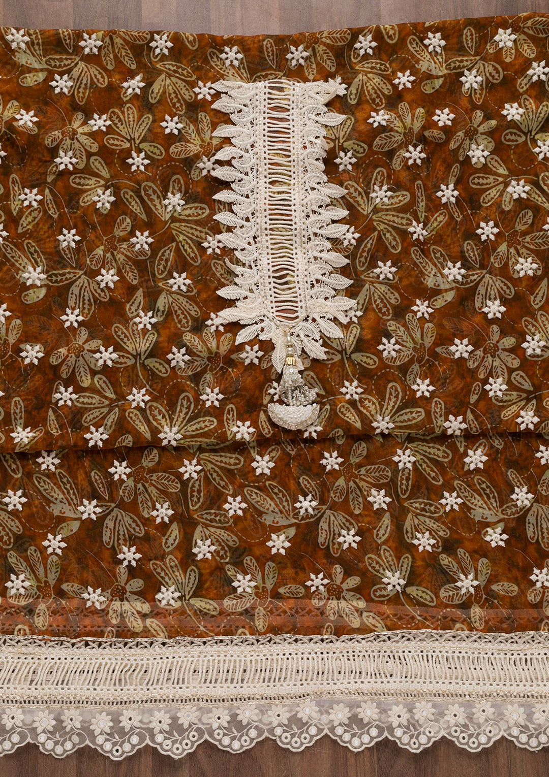 Brown Threadwork Georgette Unstitched Salwar Suit-Koskii