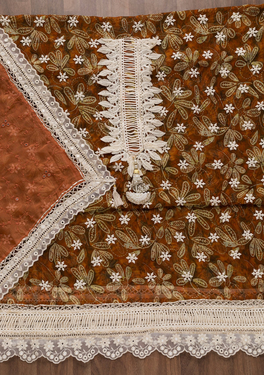 Brown Threadwork Georgette Unstitched Salwar Suit-Koskii
