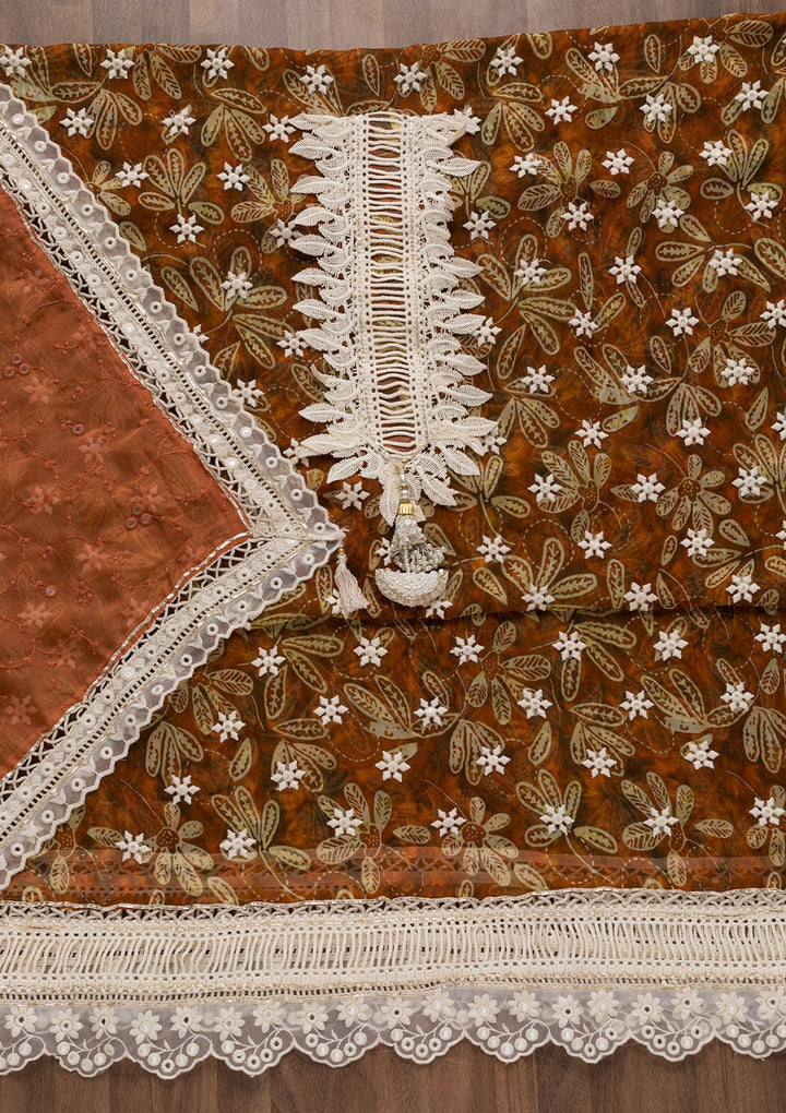 Brown Threadwork Georgette Unstitched Salwar Suit-Koskii