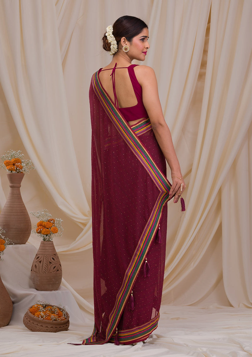 Brown Threadwork Georgette Saree-Koskii
