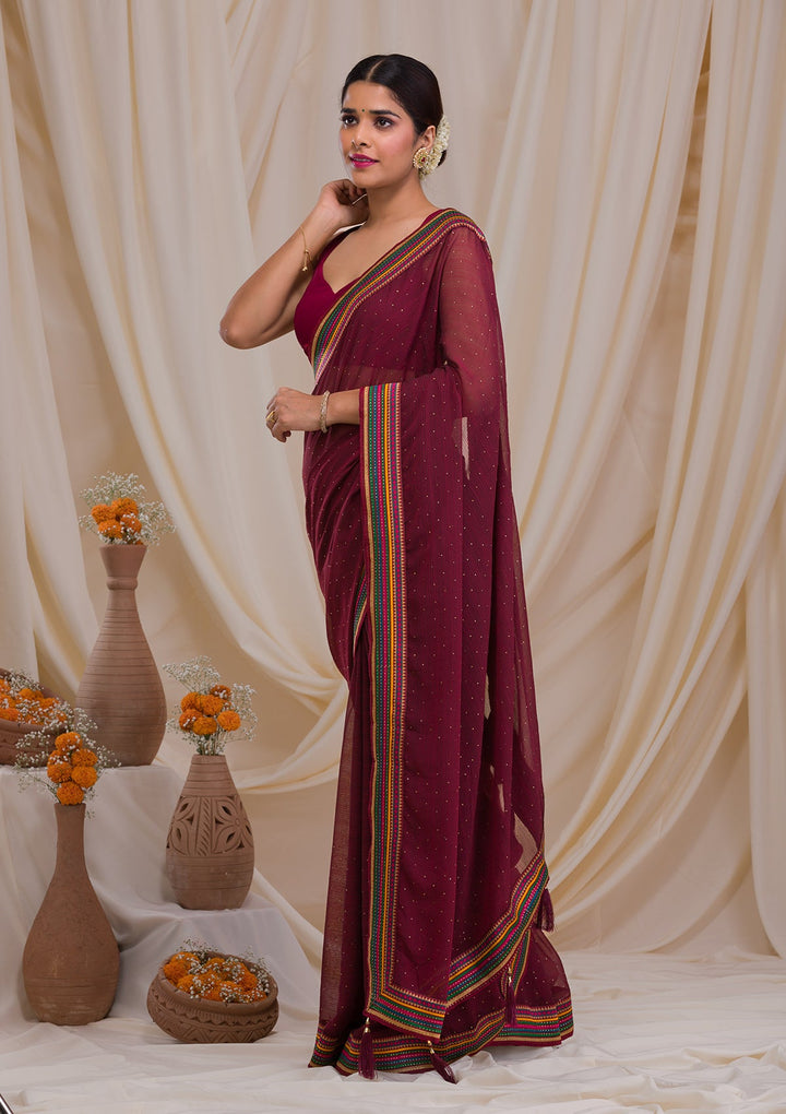 Brown Threadwork Georgette Saree-Koskii
