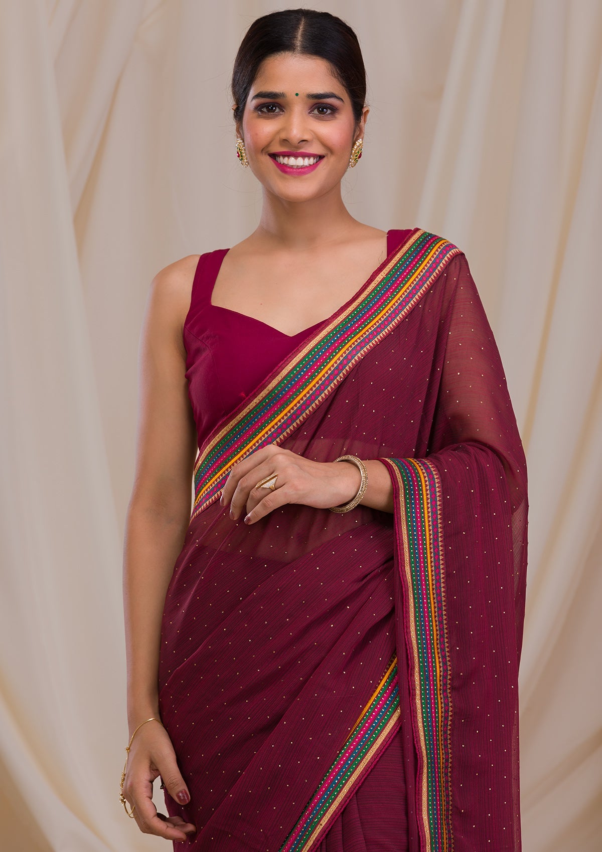 Brown Threadwork Georgette Saree-Koskii