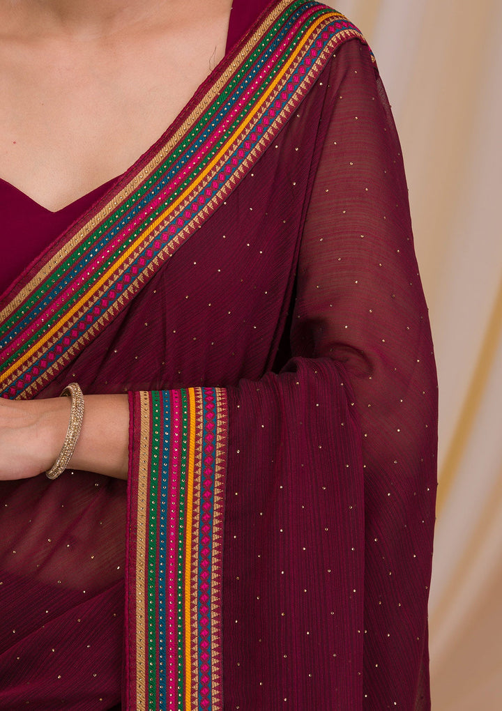 Brown Threadwork Georgette Saree-Koskii