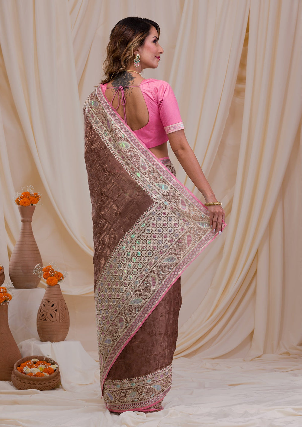 Brown Threadwork Georgette Saree-Koskii