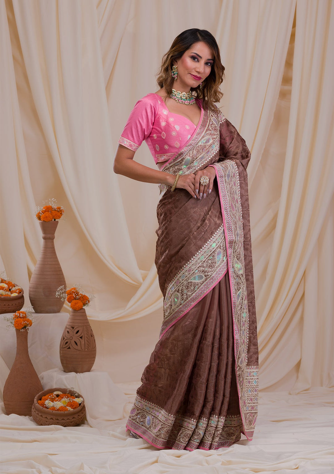 Brown Threadwork Georgette Saree-Koskii