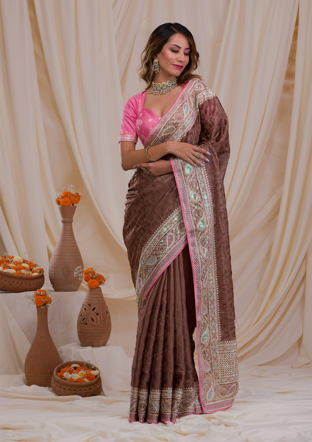 Brown Threadwork Georgette Saree-Koskii