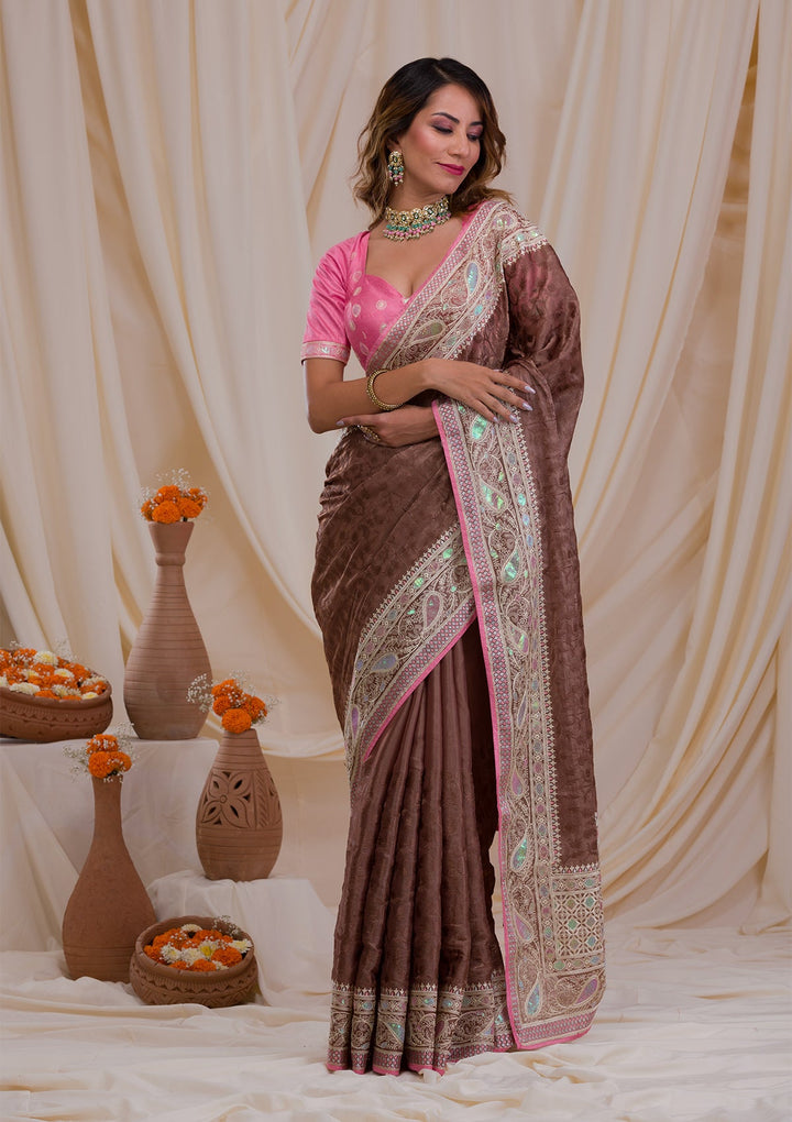 Brown Threadwork Georgette Saree-Koskii