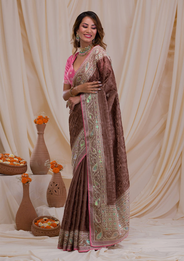 Brown Threadwork Georgette Saree-Koskii