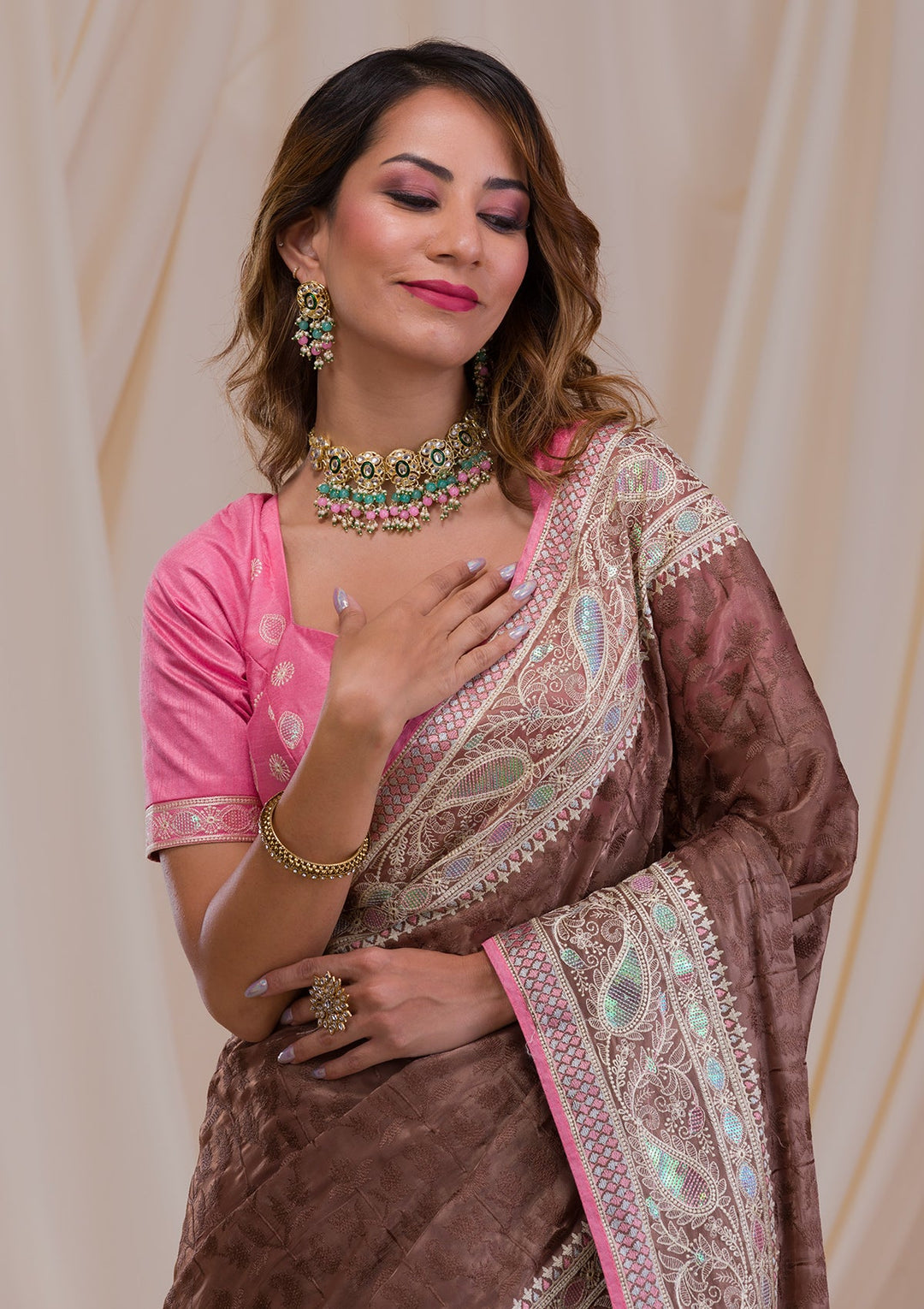 Brown Threadwork Georgette Saree-Koskii