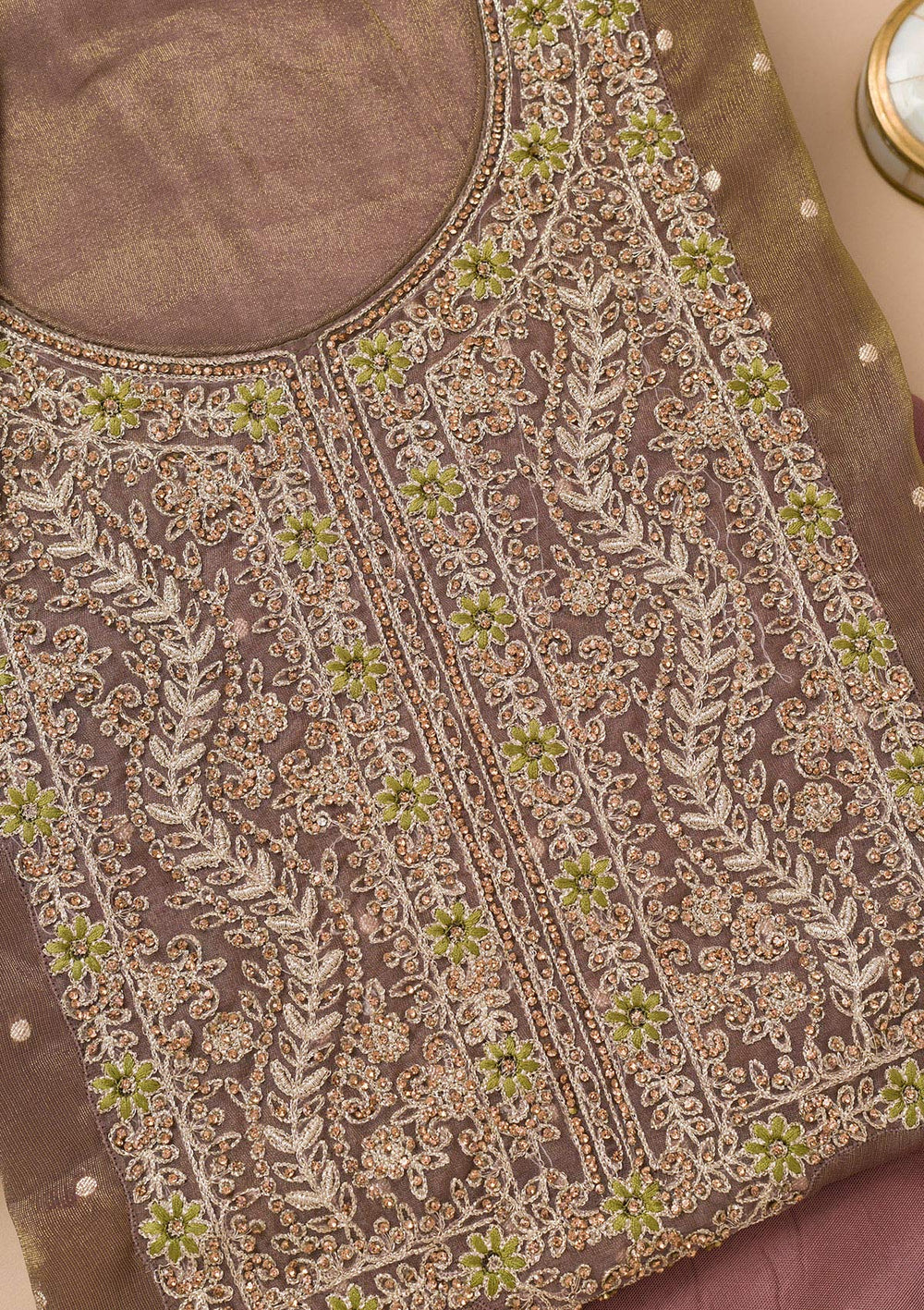 Brown Threadwork Organza Unstitched Salwar Suit-Koskii