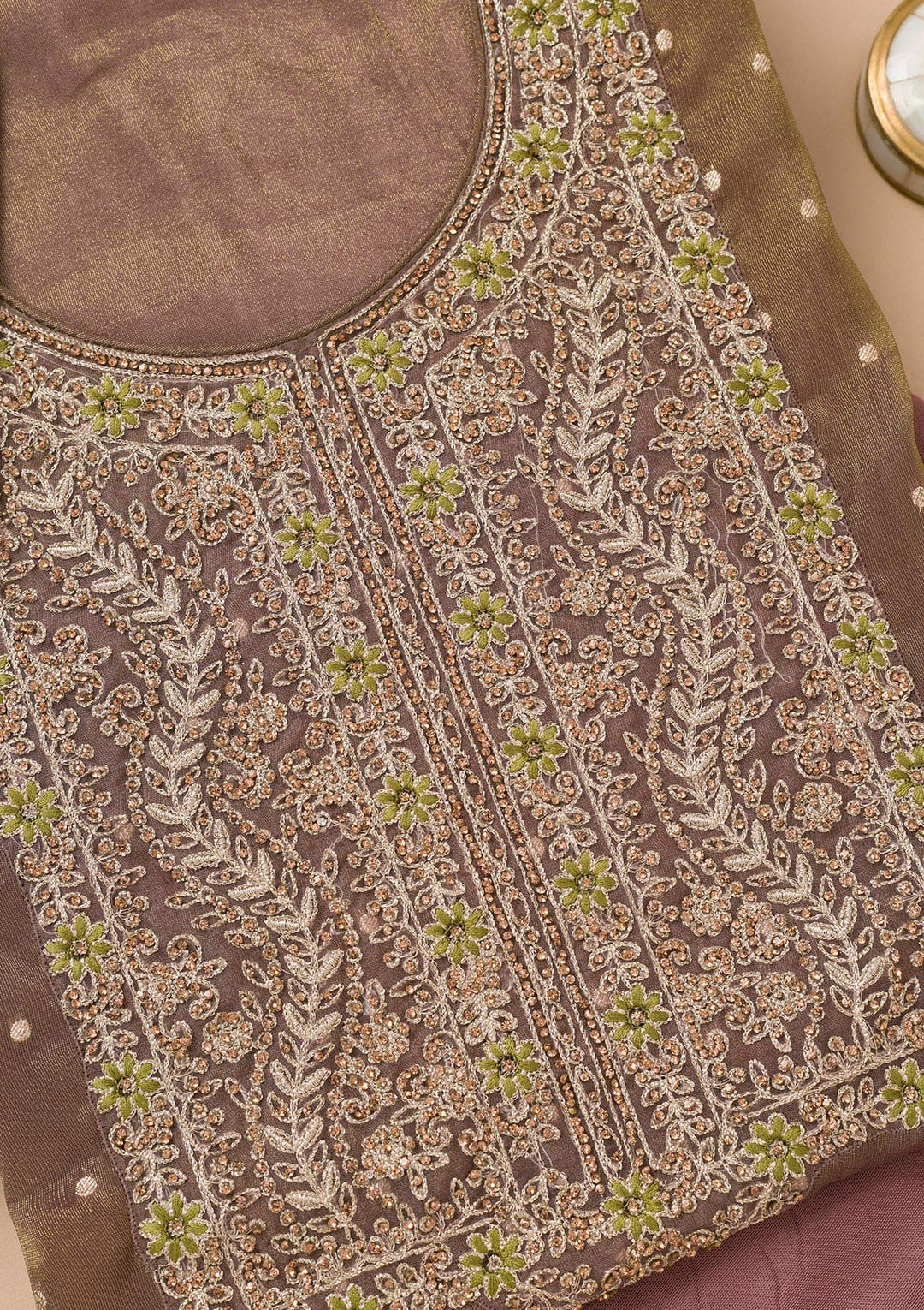 Brown Threadwork Organza Unstitched Salwar Suit-Koskii
