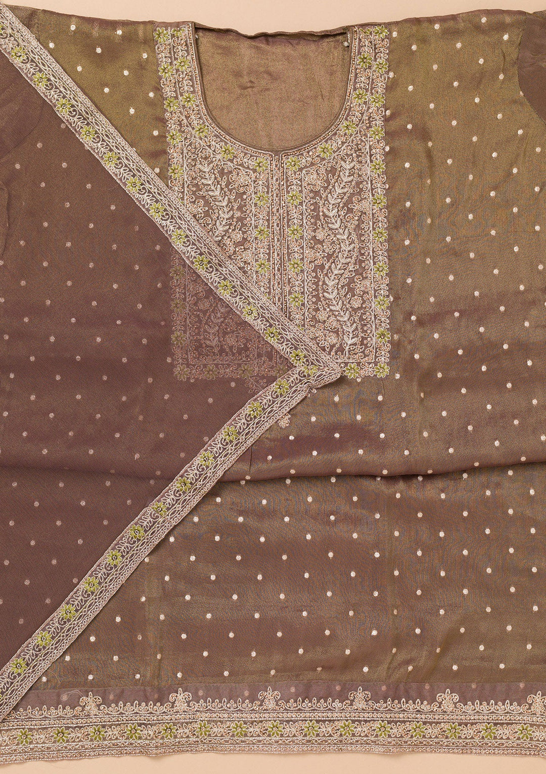 Brown Threadwork Organza Unstitched Salwar Suit-Koskii