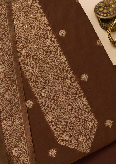 Brown Zariwork Art Silk Unstitched Salwar Suit