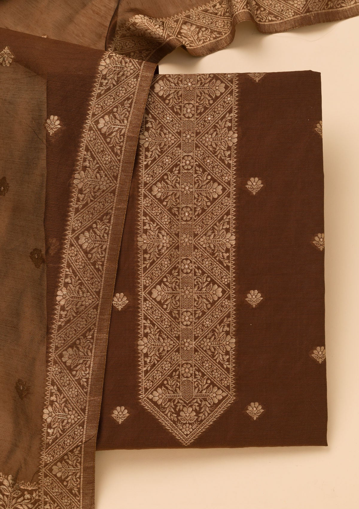 Brown Zariwork Art Silk Unstitched Salwar Suit