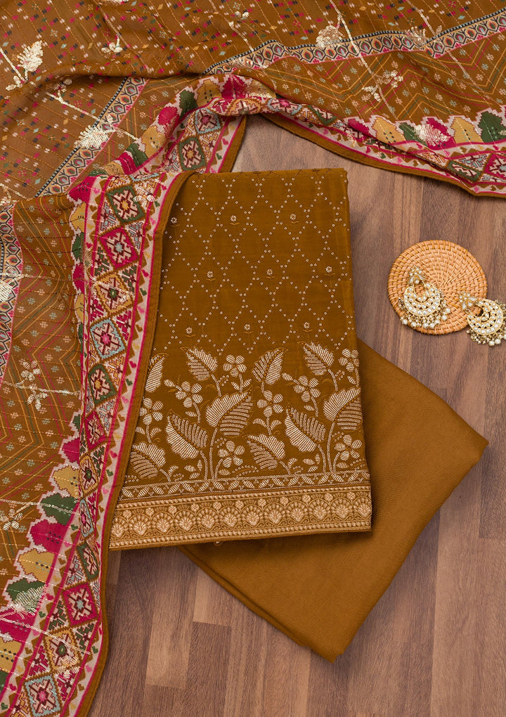 Brown Zariwork Semi Crepe Unstitched Salwar Suit-Koskii
