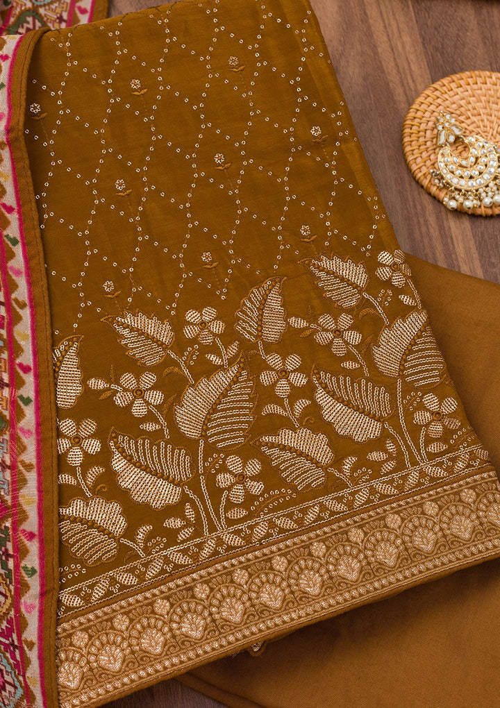Brown Zariwork Semi Crepe Unstitched Salwar Suit-Koskii