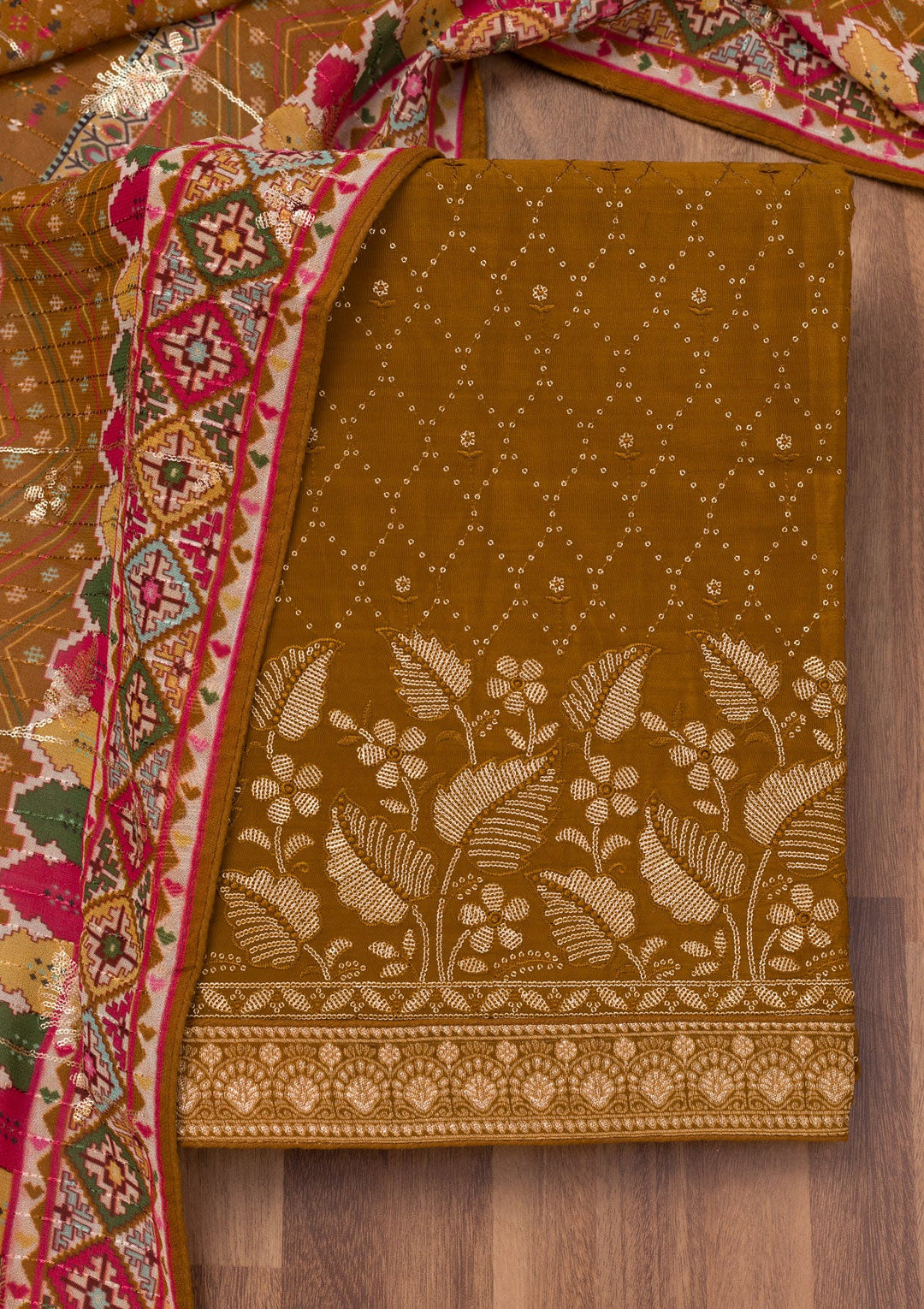 Brown Zariwork Semi Crepe Unstitched Salwar Suit-Koskii