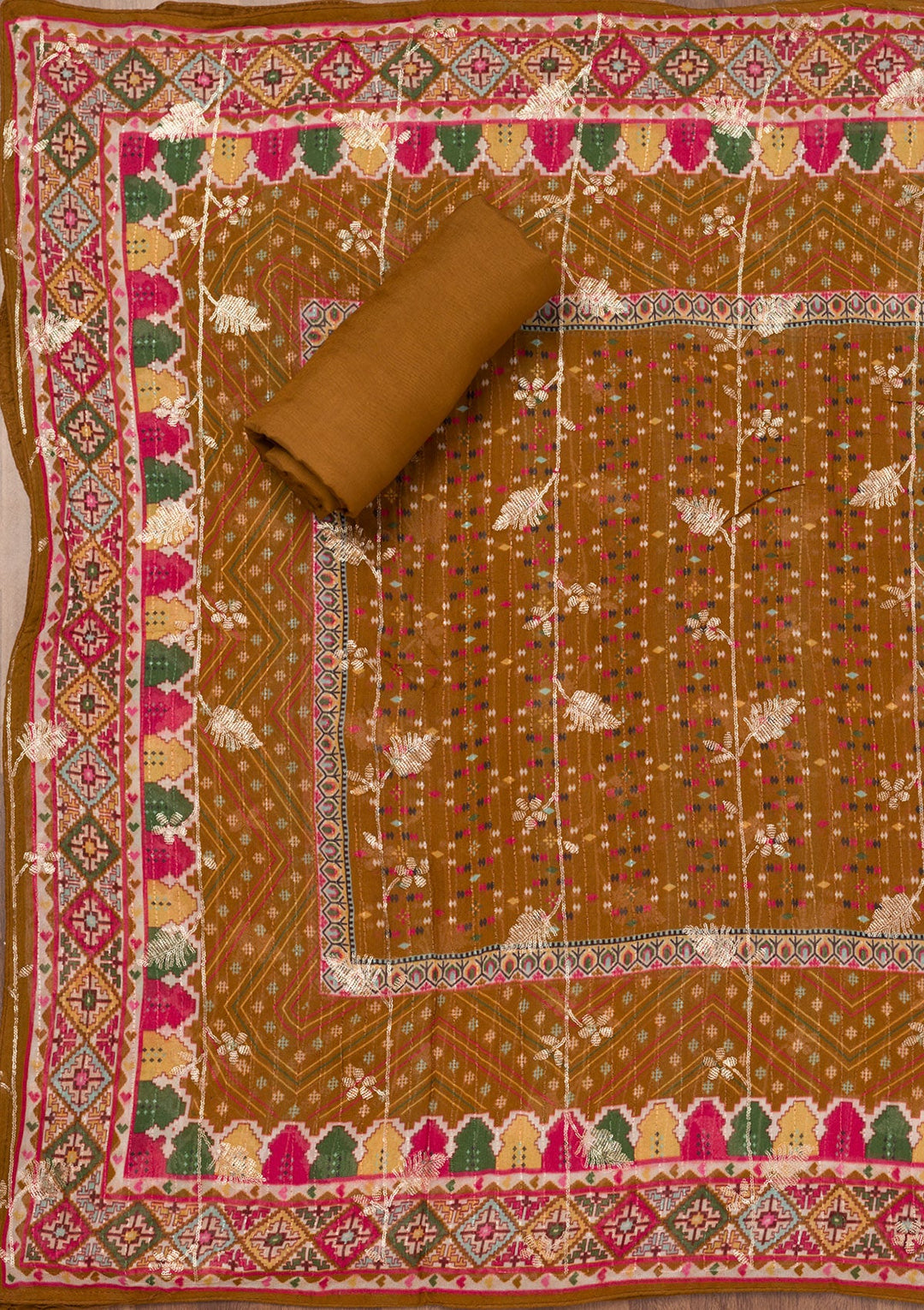 Brown Zariwork Semi Crepe Unstitched Salwar Suit-Koskii