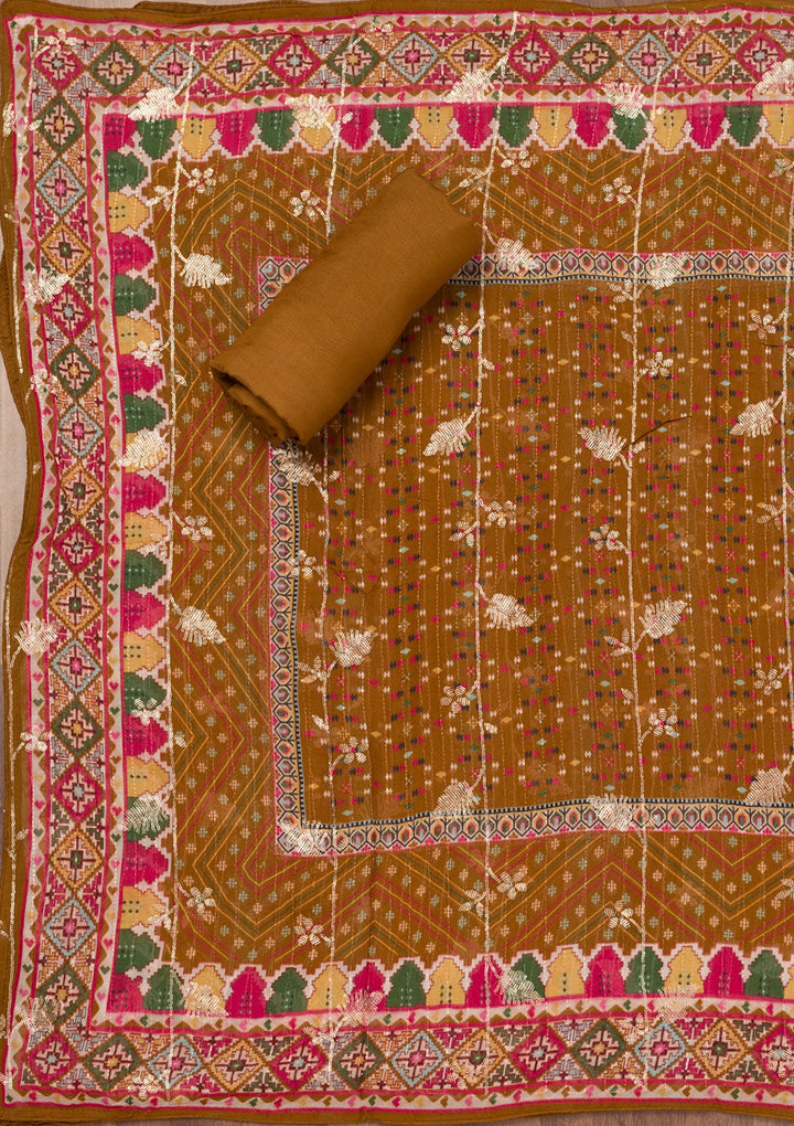 Brown Zariwork Semi Crepe Unstitched Salwar Suit-Koskii