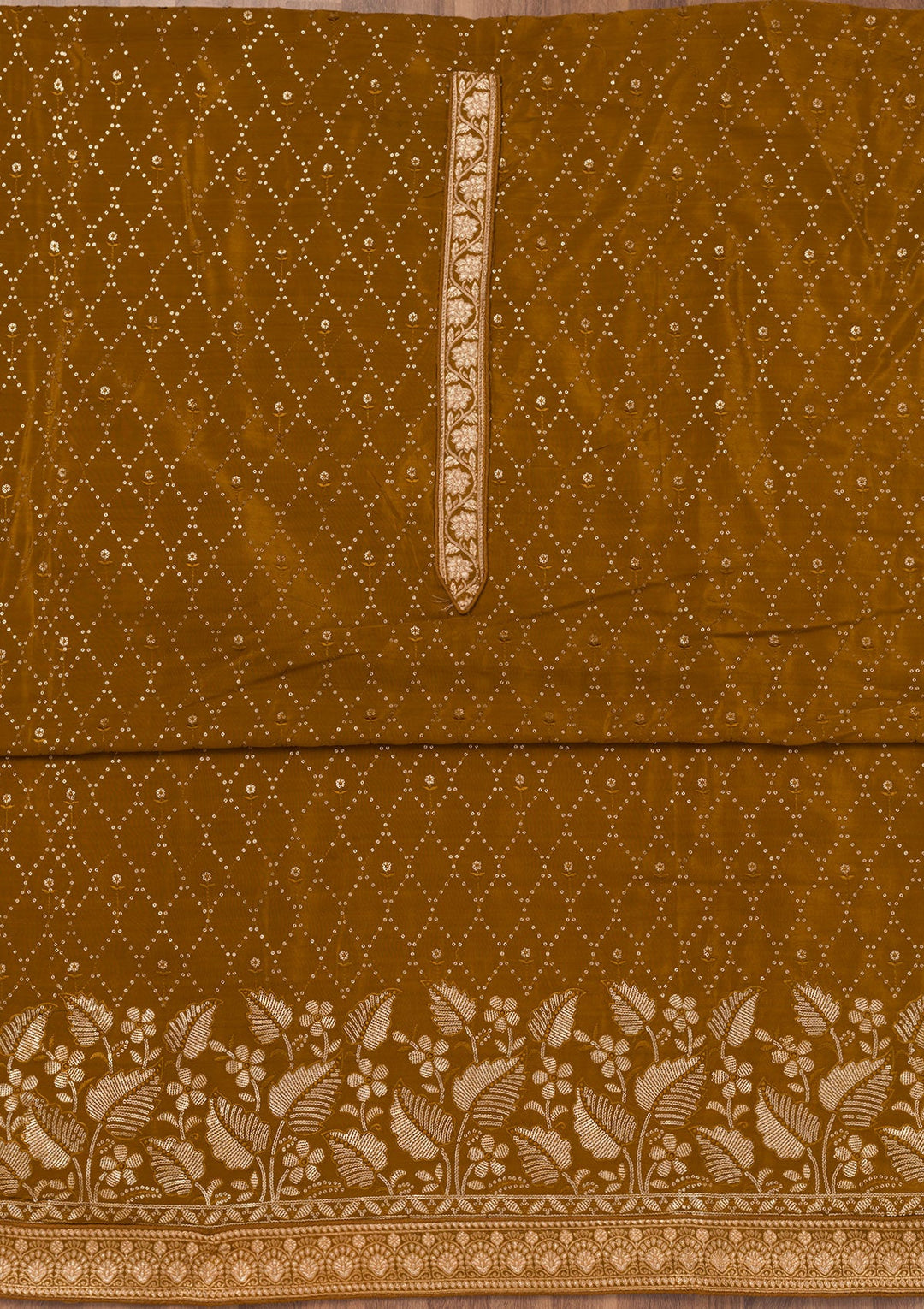 Brown Zariwork Semi Crepe Unstitched Salwar Suit-Koskii