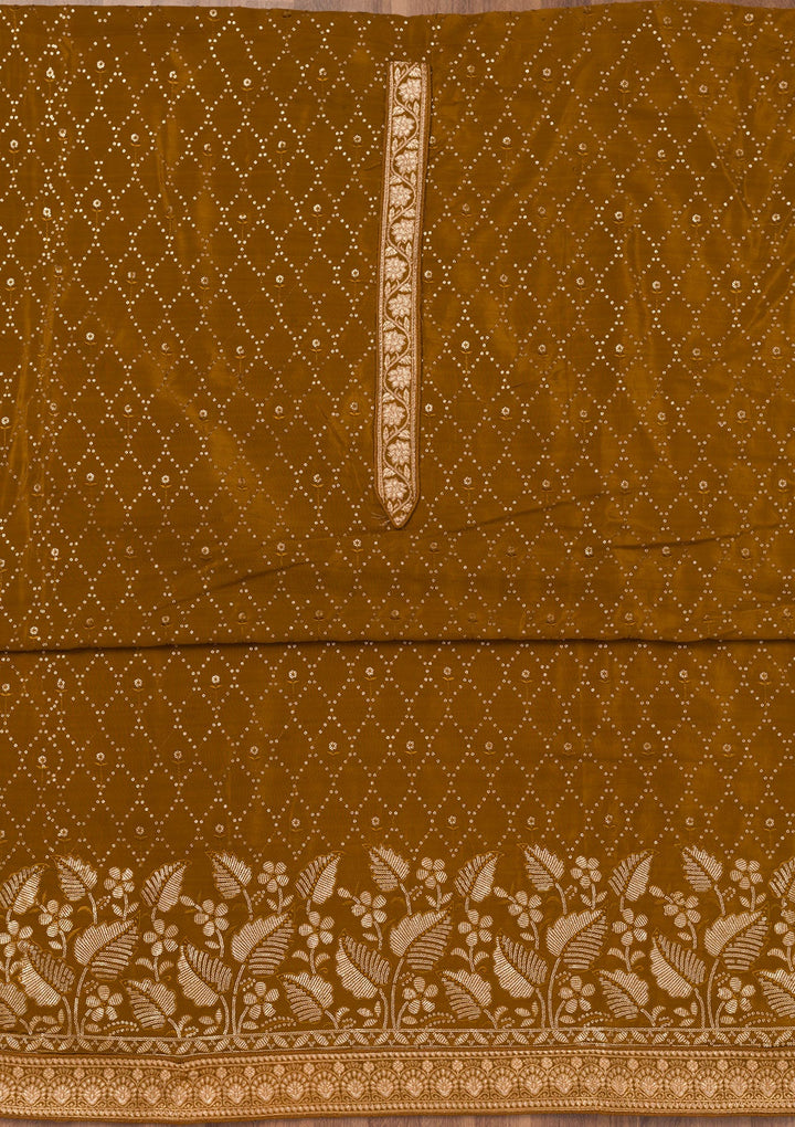 Brown Zariwork Semi Crepe Unstitched Salwar Suit-Koskii