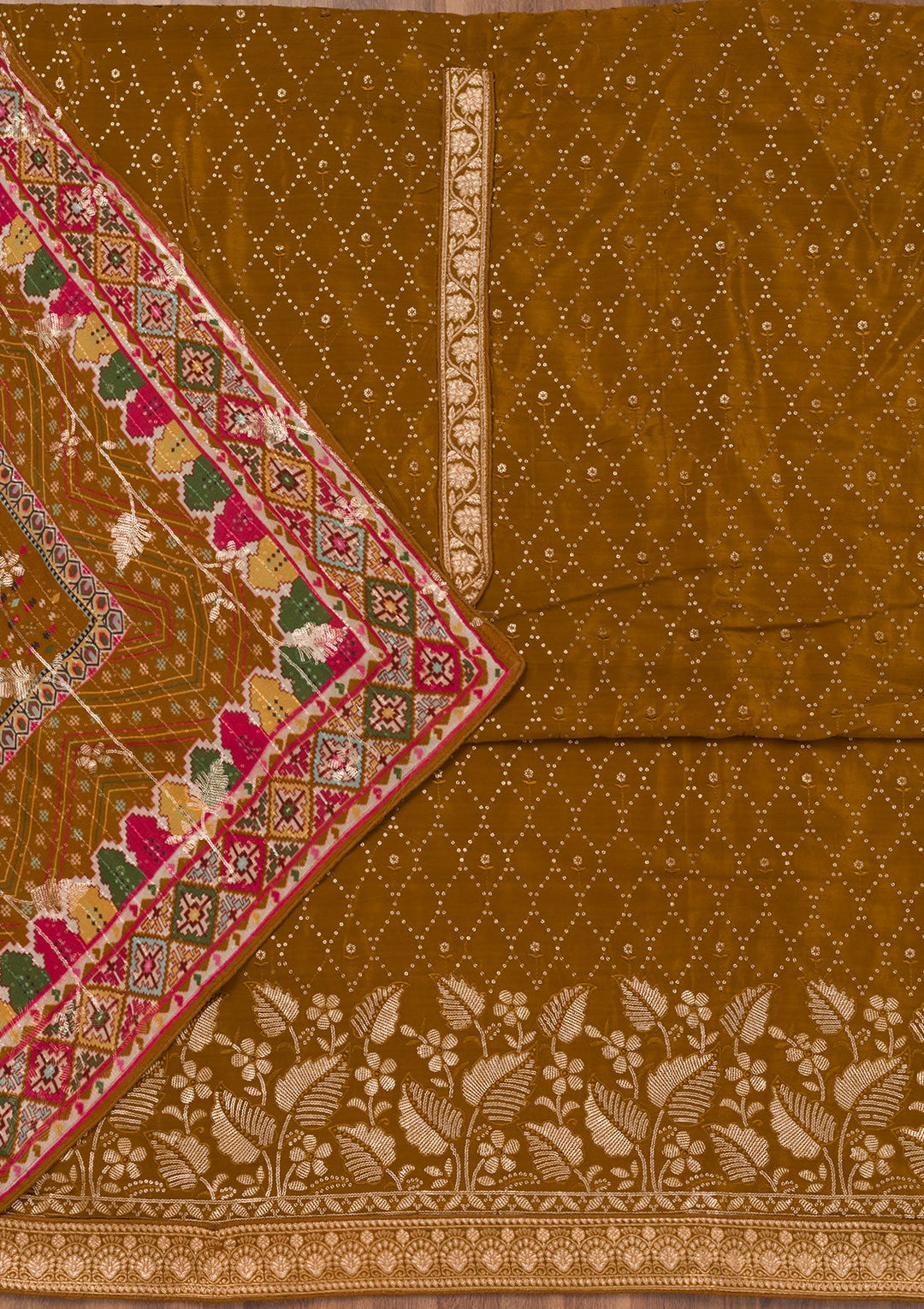 Brown Zariwork Semi Crepe Unstitched Salwar Suit-Koskii