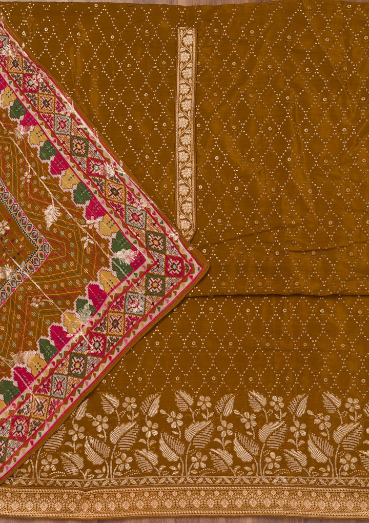 Brown Zariwork Semi Crepe Unstitched Salwar Suit-Koskii