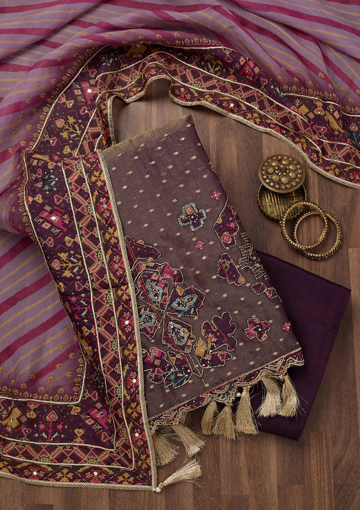 Brown Zariwork Semi Crepe Unstitched Salwar Suit-Koskii
