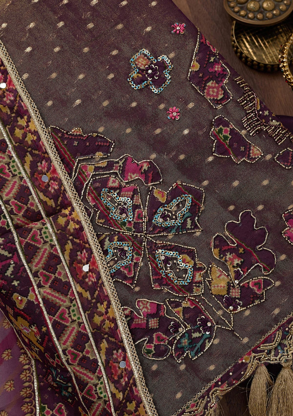 Brown Zariwork Semi Crepe Unstitched Salwar Suit-Koskii