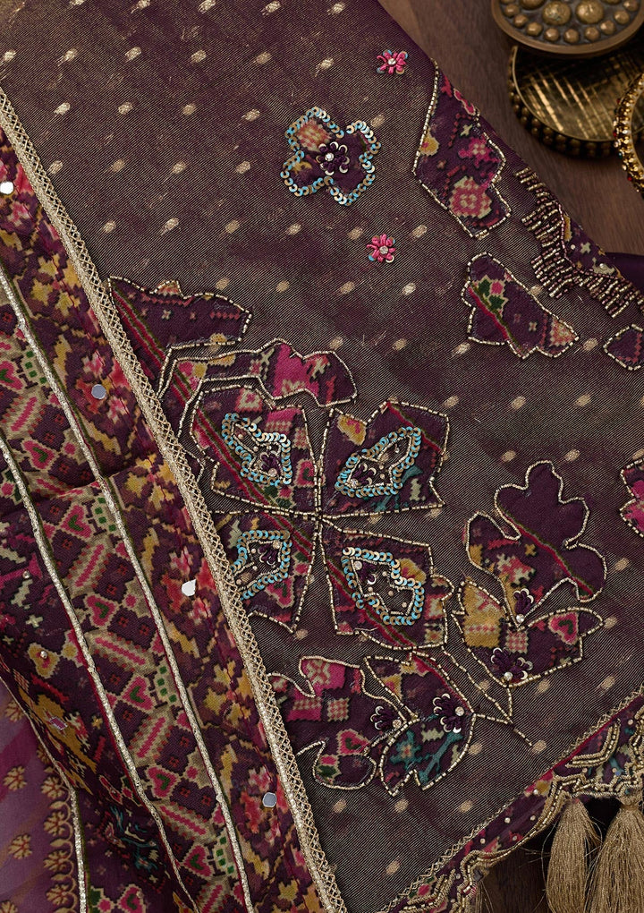 Brown Zariwork Semi Crepe Unstitched Salwar Suit-Koskii