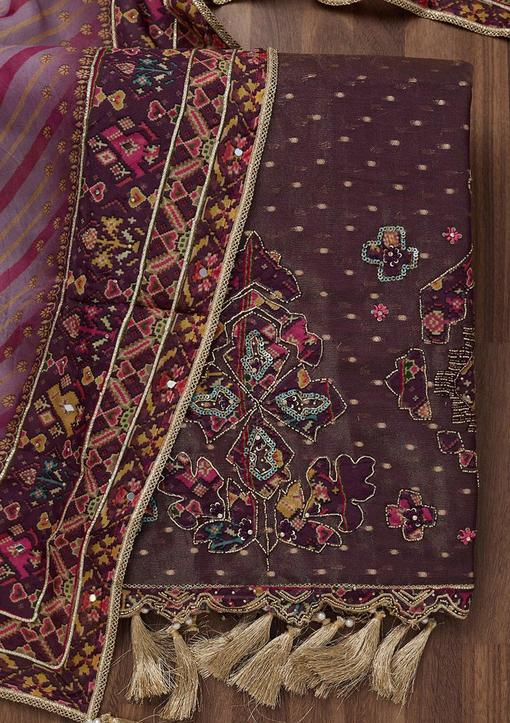 Brown Zariwork Semi Crepe Unstitched Salwar Suit-Koskii