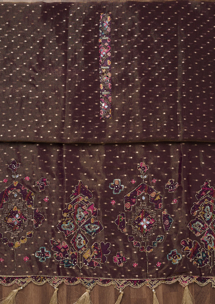 Brown Zariwork Semi Crepe Unstitched Salwar Suit-Koskii