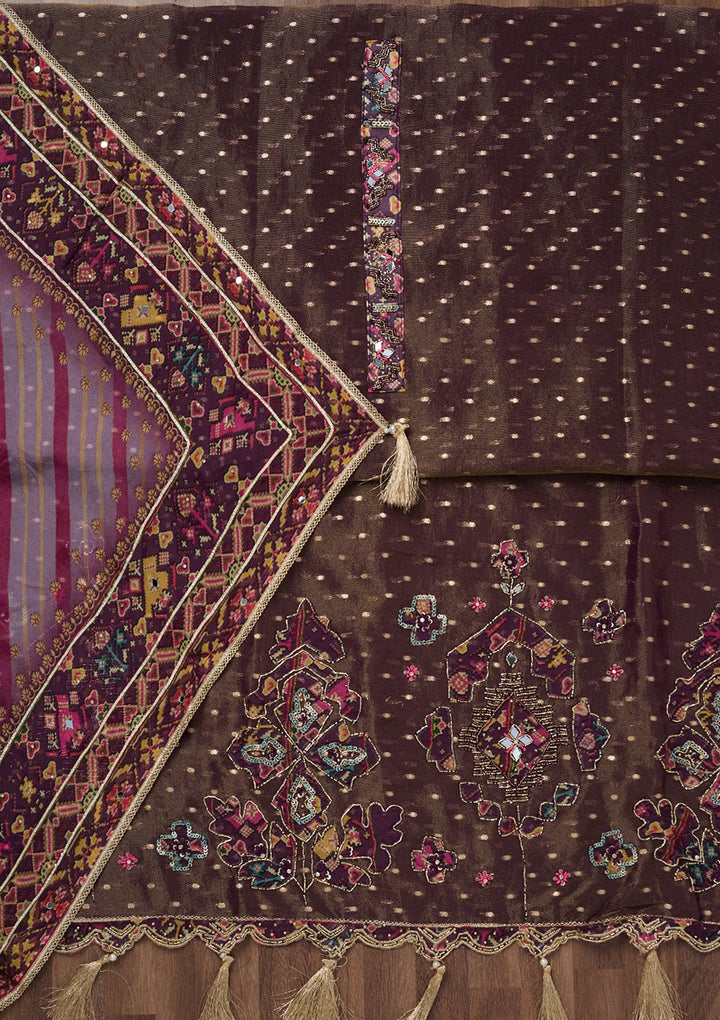 Brown Zariwork Semi Crepe Unstitched Salwar Suit-Koskii