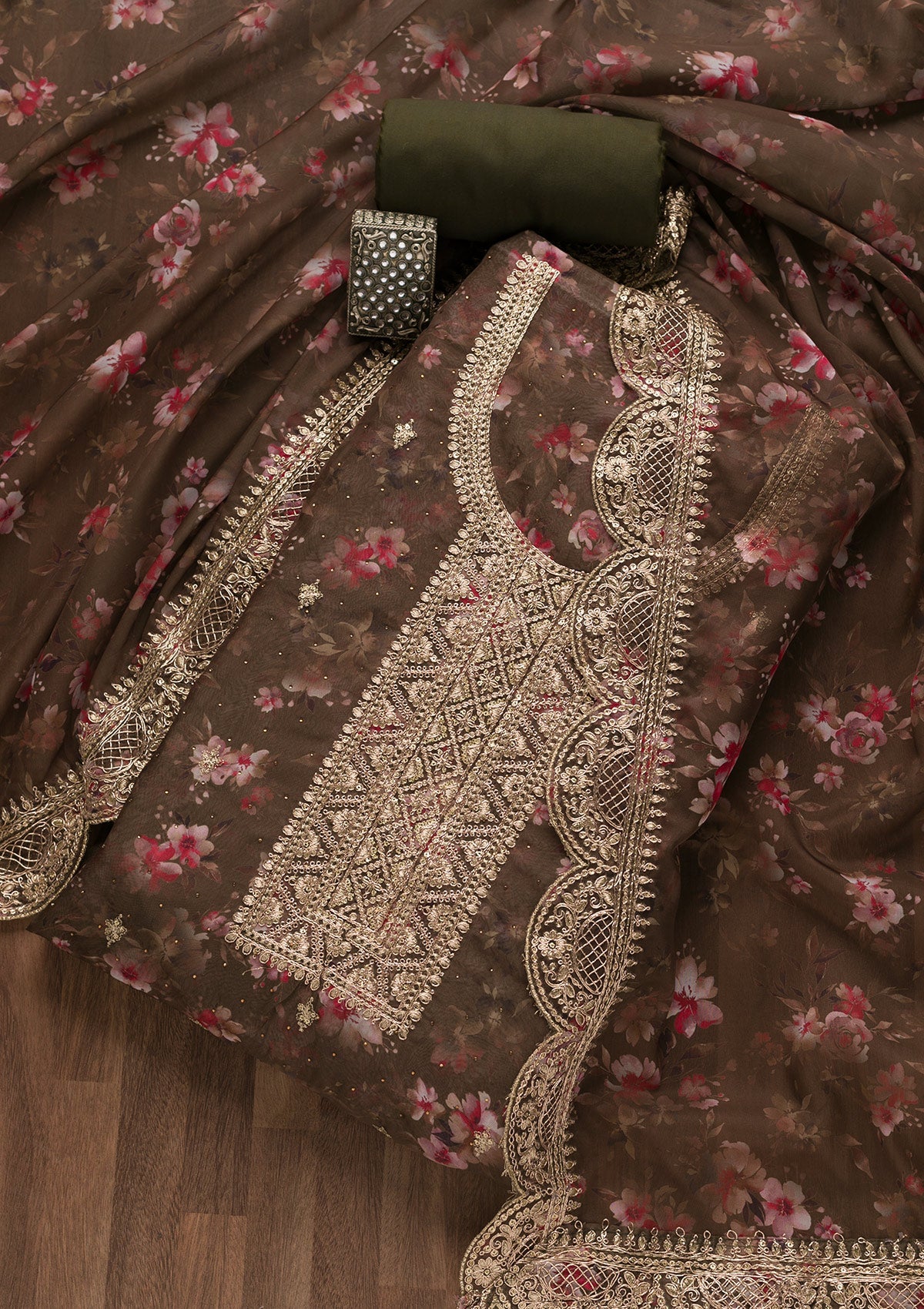 Brown Zariwork Tissue Unstitched Salwar Suit-Koskii