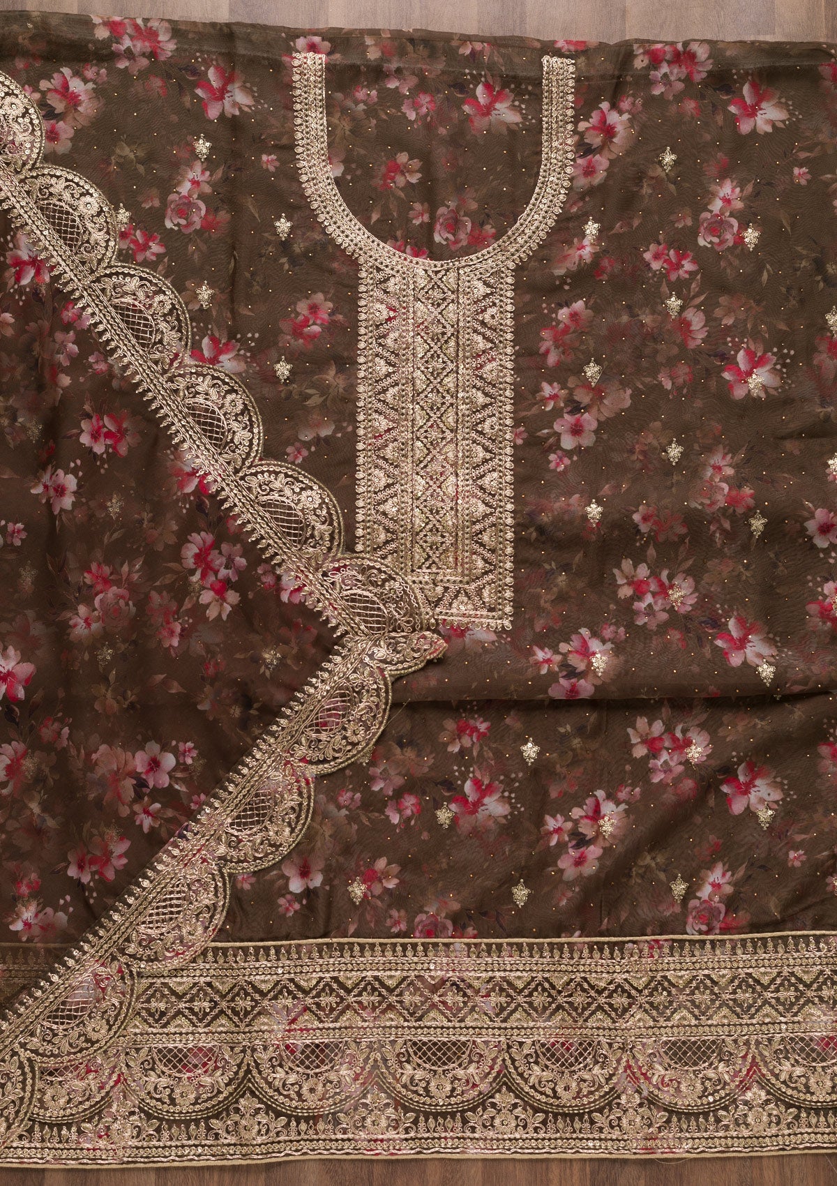 Brown Zariwork Tissue Unstitched Salwar Suit-Koskii
