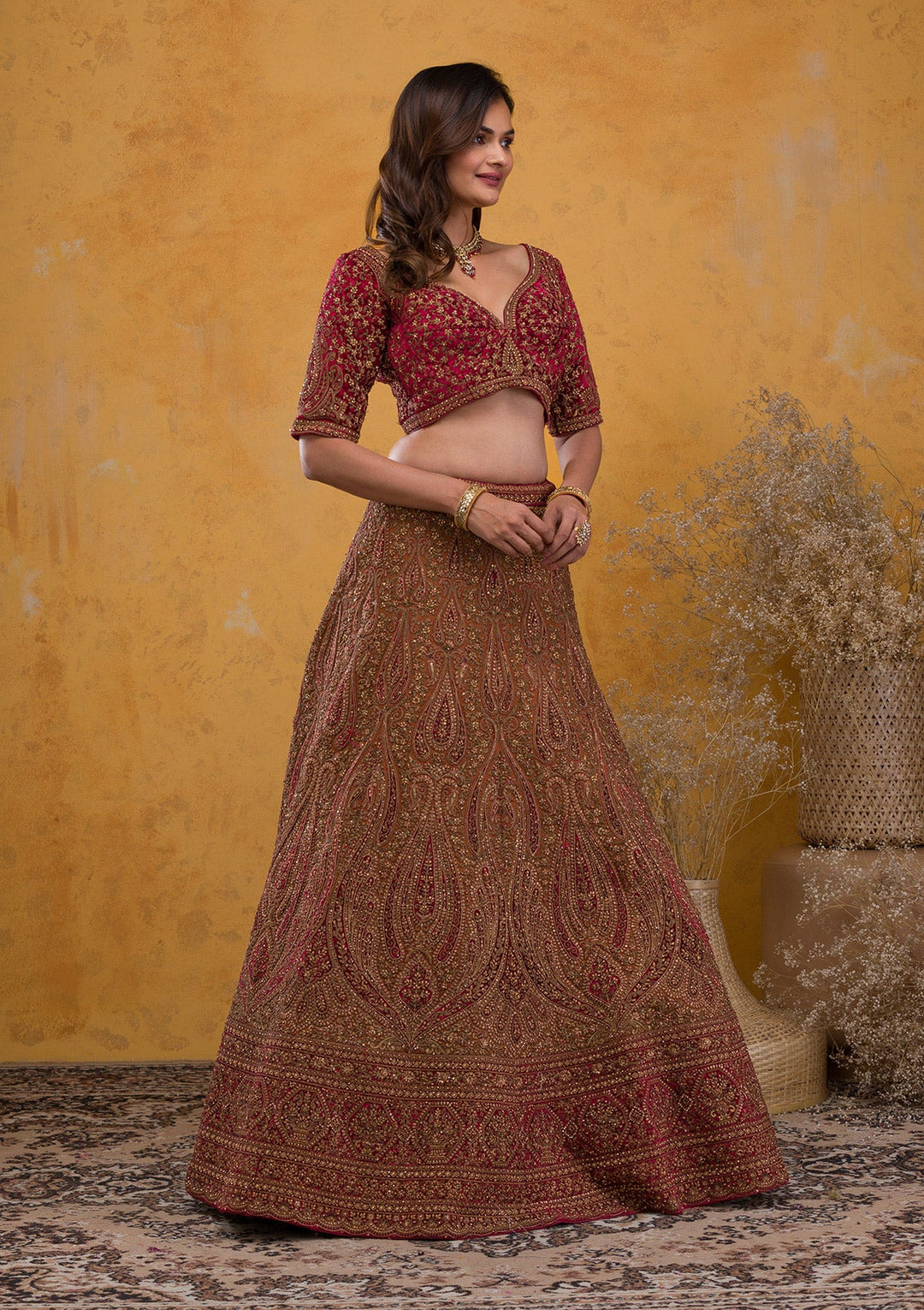 Brown Zariwork Velvet Readymade Lehenga-Koskii