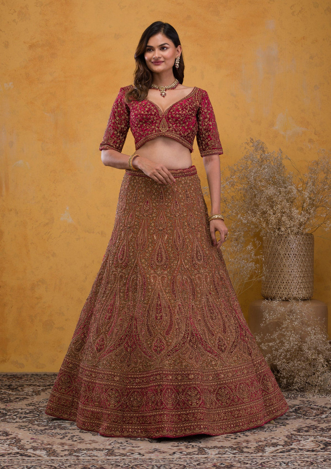 Brown Zariwork Velvet Readymade Lehenga-Koskii
