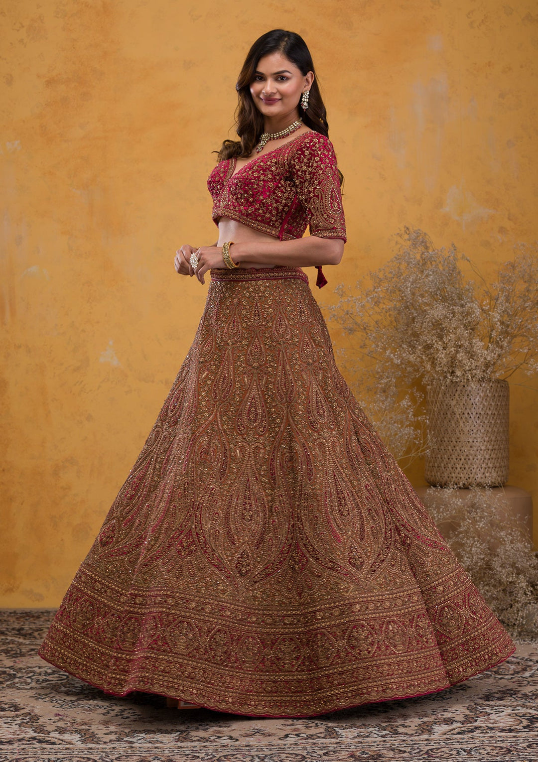 Brown Zariwork Velvet Readymade Lehenga-Koskii