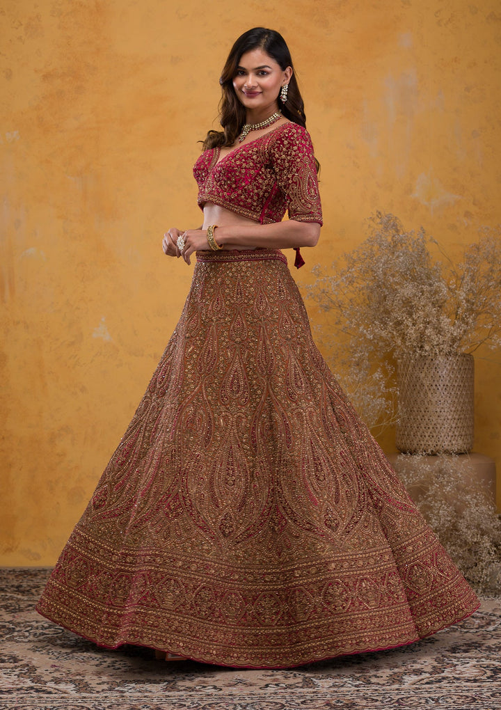 Brown Zariwork Velvet Readymade Lehenga-Koskii