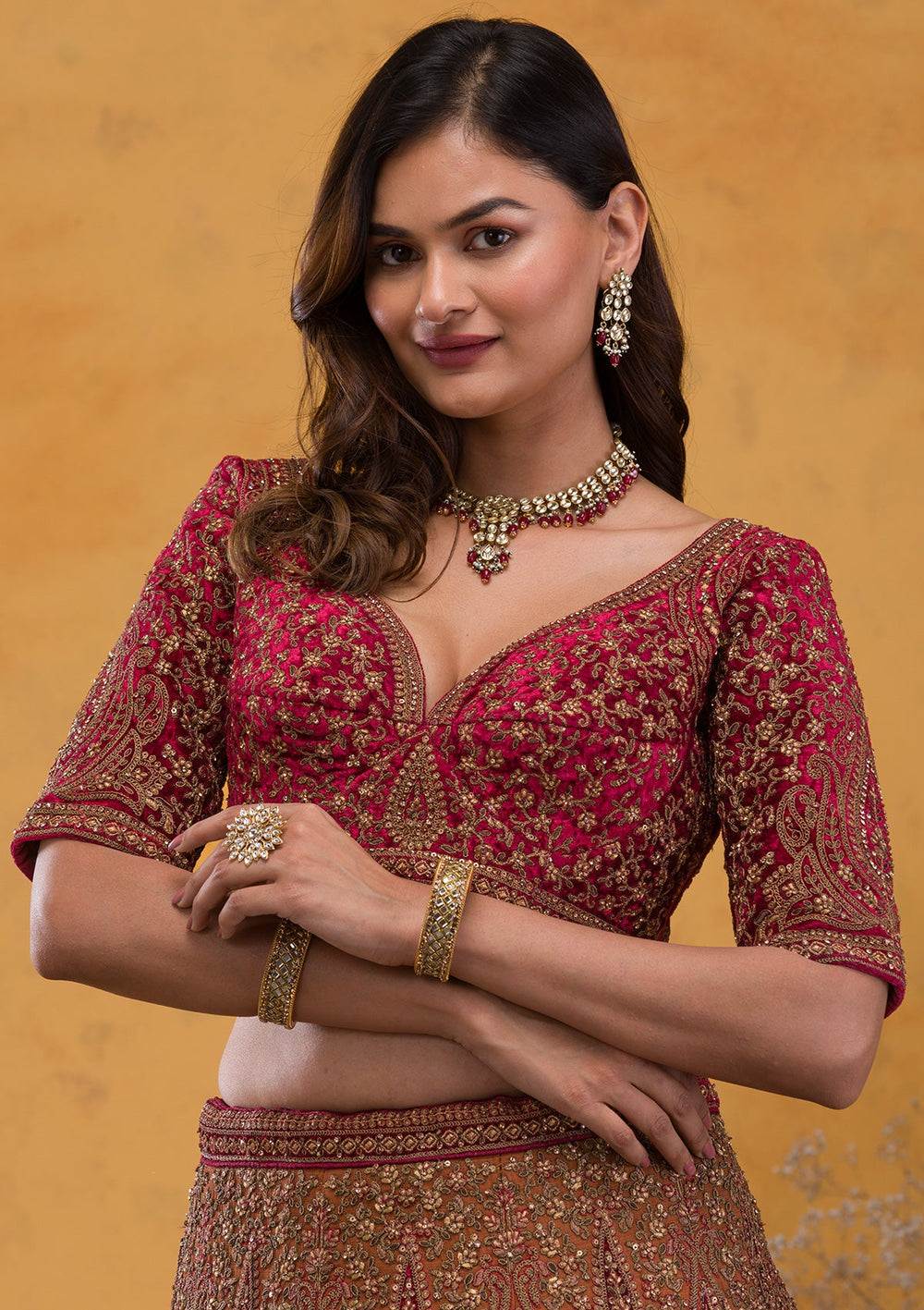 Brown Zariwork Velvet Readymade Lehenga-Koskii