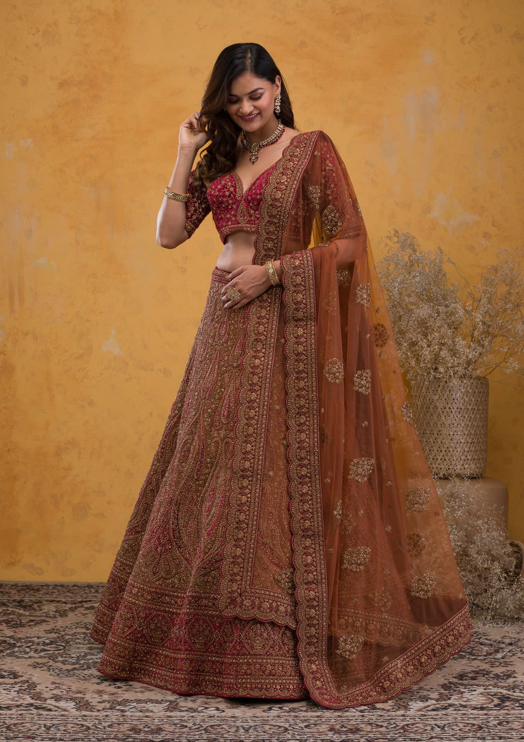Brown Zariwork Velvet Readymade Lehenga-Koskii