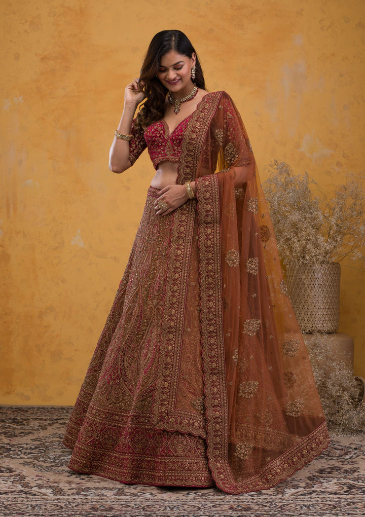 Brown Zariwork Velvet Readymade Lehenga-Koskii