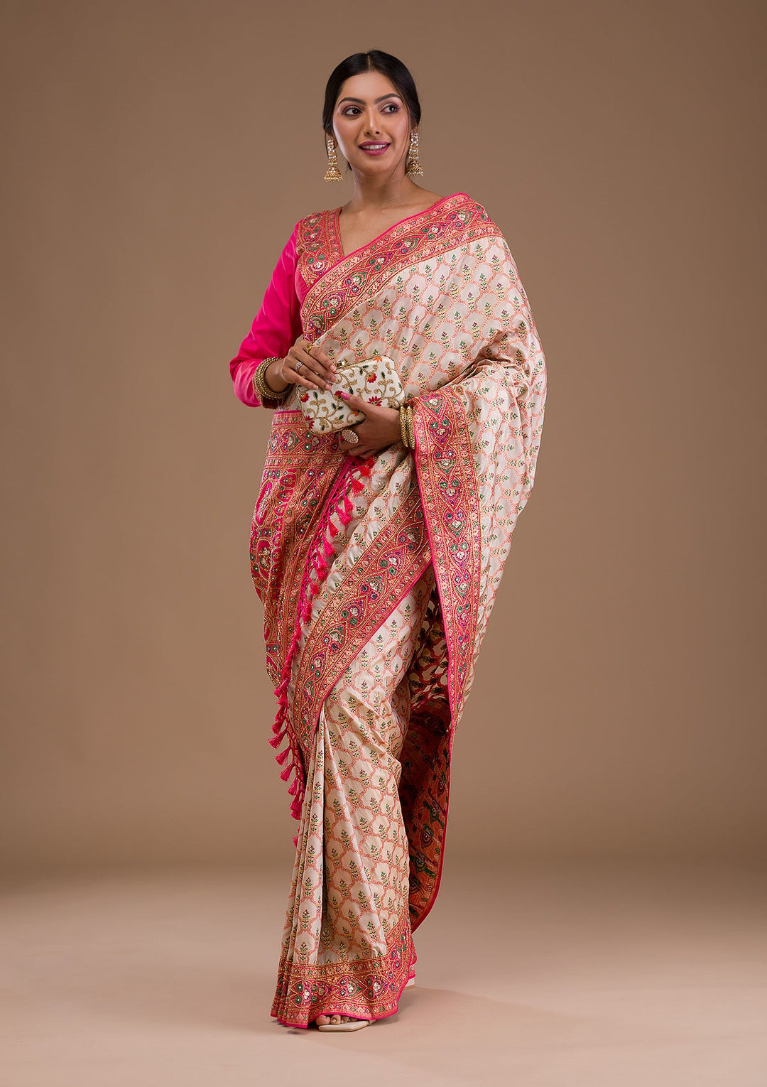 Cream Cutdana Banarasi Silk Saree-Koskii